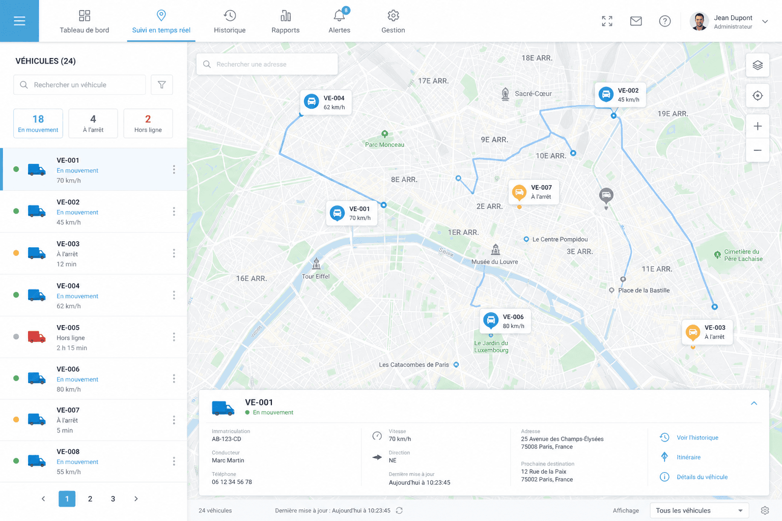 Interface GPS — carte de suivi en temps réel avec véhicules et itinéraires